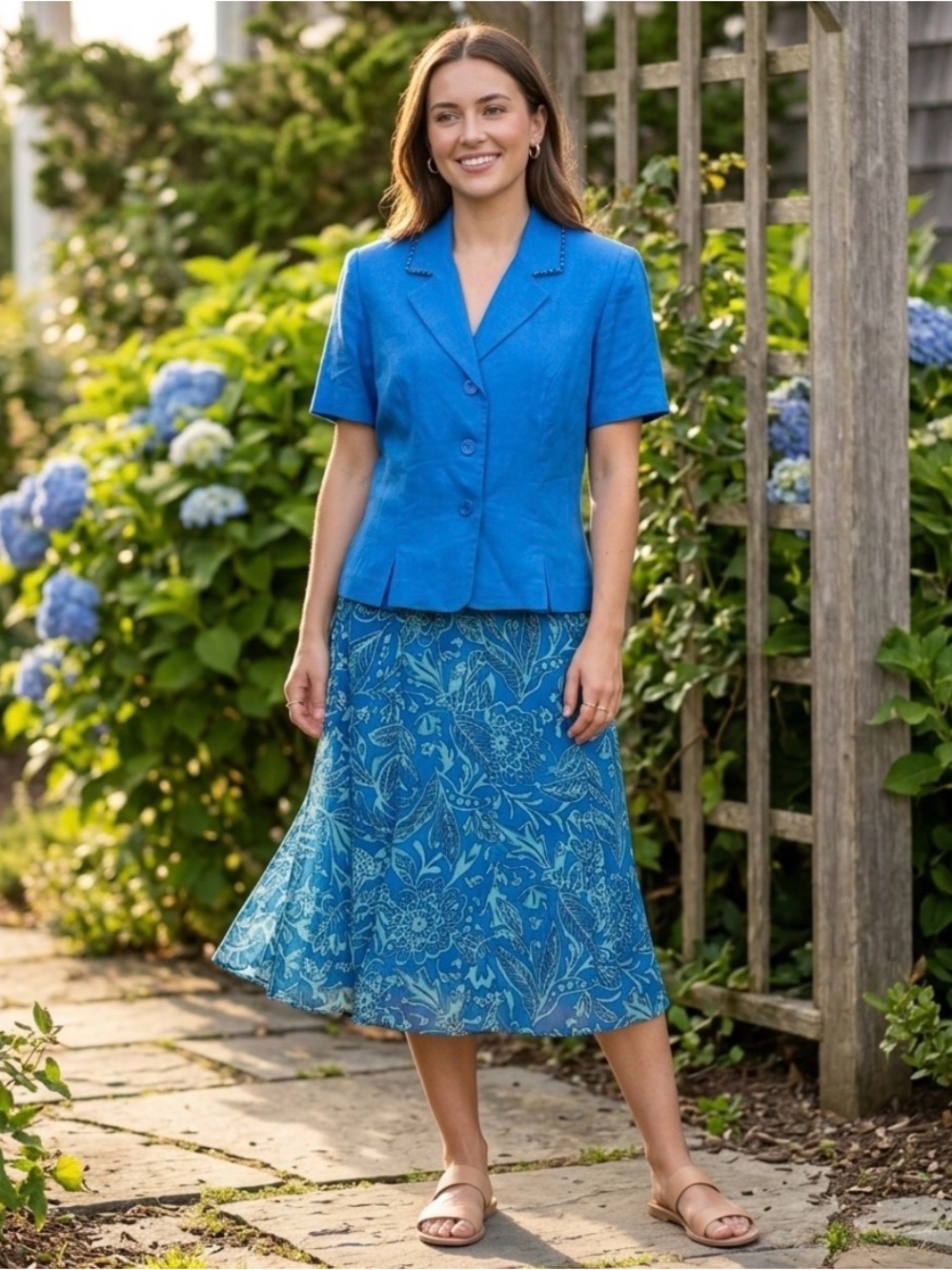 Studio I Skirt Suit Set 12 Blue Aqua Linen Blend Beaded Short Sleeve Blazer Midi